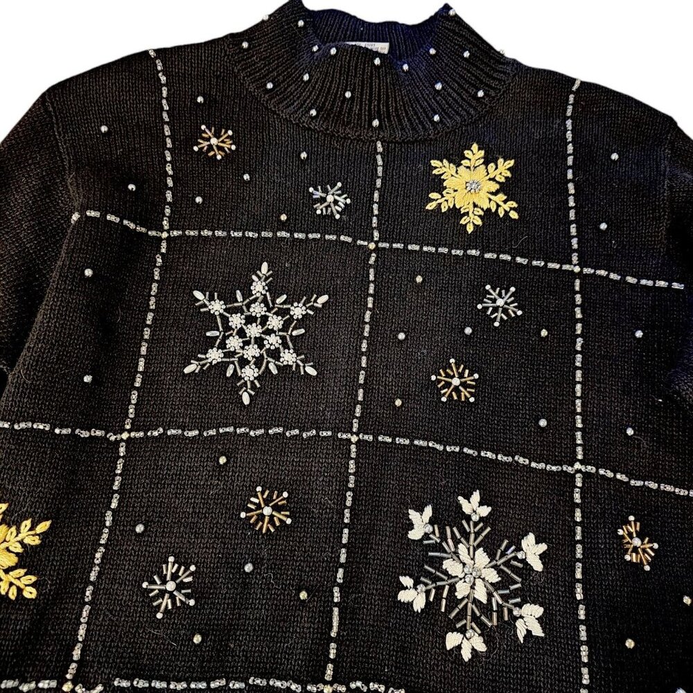 90s Womens Medium Black Beaded Snowflake Mockneck Sweater Loose Thread Pearls